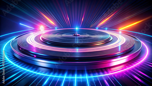 Futuristic DJ turntable with neon lights and laser beams in a dark, vibrant club atmosphere
