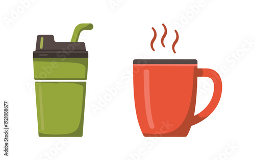 A green shaker bottle and a red coffee mug on a white background.