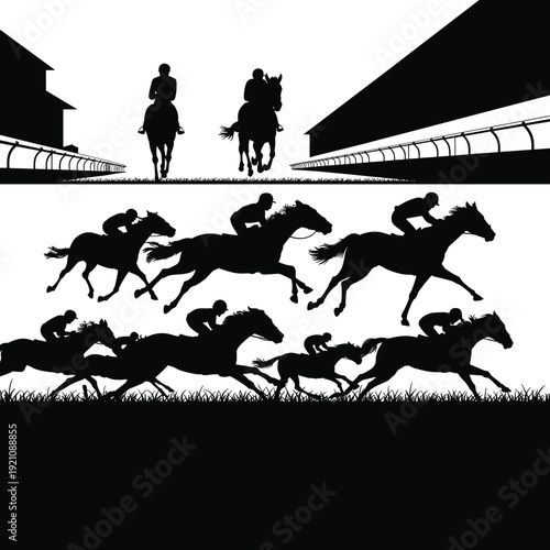 Black vector silhouette set of jockeys racing horses on a track with stadium grandstands for equestrian sports gambling competition and horse betting branding illustration