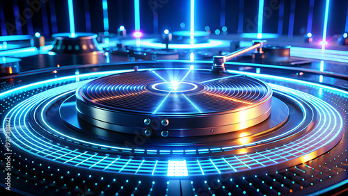 Close-up of a retro DJ turntable with glowing blue neon rings and digital grid lines
