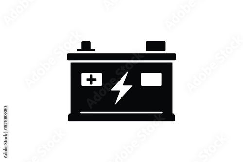 A simple black and white icon of a car battery with a positive terminal and a lightning bolt.