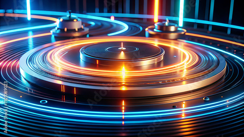 Modern DJ booth with turntable and glowing orange and blue neon circles, club interior