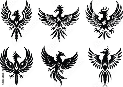 Black vector silhouette set of majestic phoenix birds with spread wings for mythological branding fantasy gaming logo design phoenix rising fire bird avian symbols