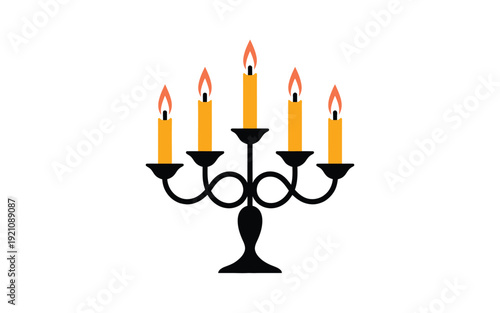 A simple black candelabra with five lit yellow candles on a white background.