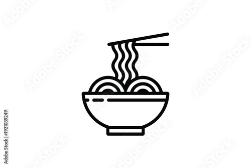 A simple line drawing of a steaming bowl of noodles with chopsticks.