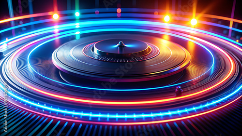 Close-up on a DJ turntable with pulsating neon rings of pink, blue, and red light