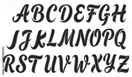Black cursive alphabet letters from A to Z displayed in three rows, perfect for graphic design and typography projects.