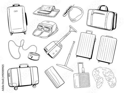 A collection of travel and cleaning items illustrated in black and white.