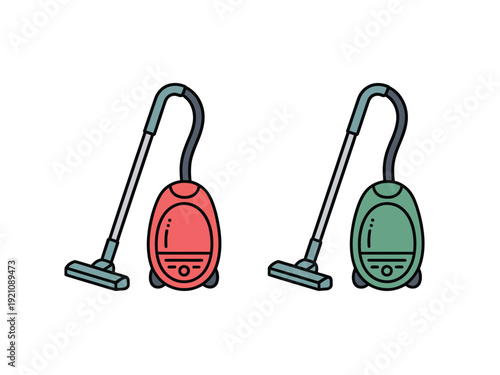 A simple illustration of two vacuum cleaners in red and green on a white background.