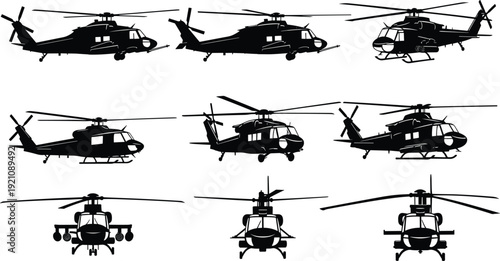 Black vector silhouette set of military and civilian helicopters from various angles including side front and top views for aviation and defense branding
