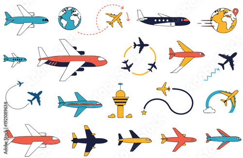Airplanes flying around the world various routes and directions