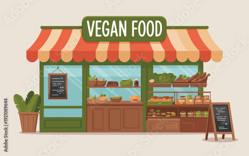 A colorful illustration of a vegan food store with a red and yellow striped awning and green trim.