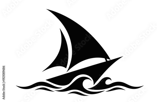 Black silhouette of a sailboat on waves