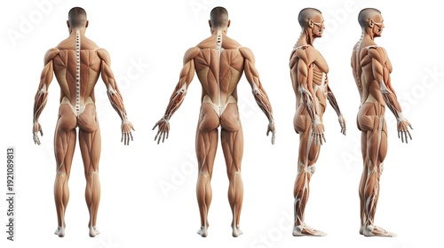 Male anatomy muscular system five views isolated body