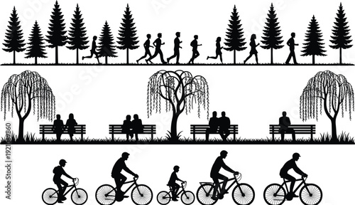 Black vector silhouette set of people jogging sitting on park benches and riding bicycles for outdoor fitness summer recreation and active community lifestyle brandin