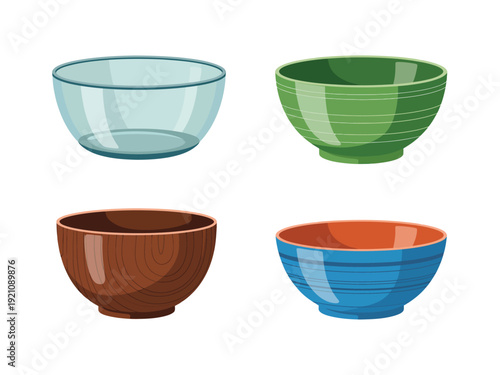 Four colorful bowls arranged in a square on a white background.