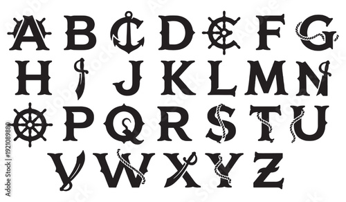 Pirate-themed alphabet letters with nautical and weapon elements.