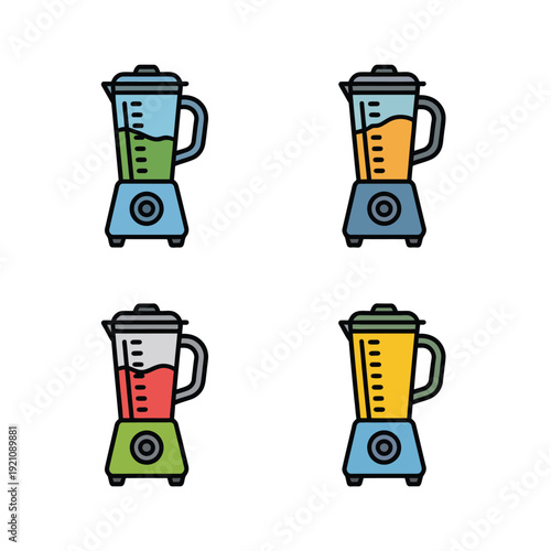 Four colorful blenders with different liquids inside on a white background.