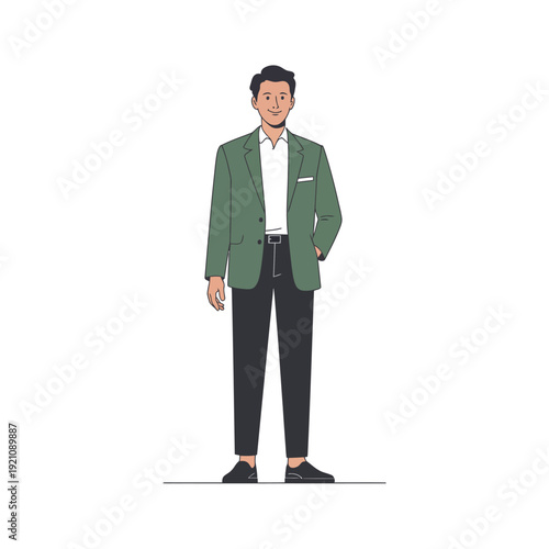 A cartoon man wearing a green jacket and black pants standing on a white background.