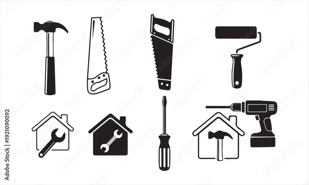 Fototapeta premium Black and white illustration of various home repair and construction tools
