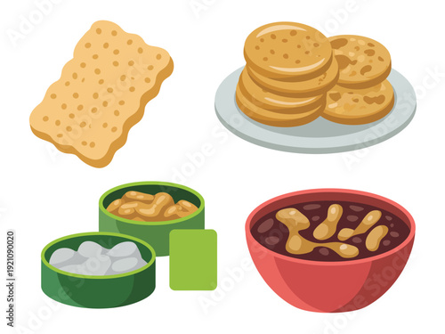 A collection of crackers and dips in various bowls on a clean white background.