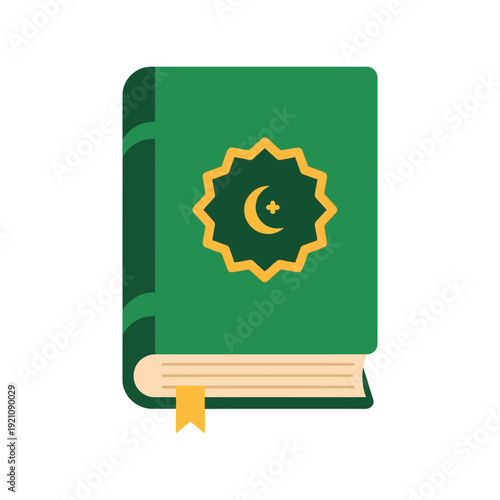Islamic holy book Quran vector clipart in flat style with green cover and crescent moon symbol