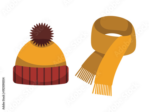 A vibrant yellow hat and matching scarf with a red brim and brown pom-pom.