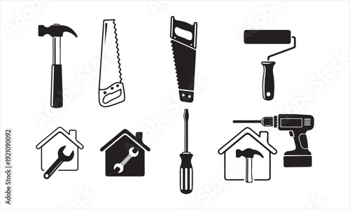 Black and white illustration of various home repair and construction tools