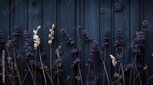Dry Purple Flowers Against Distressed Blue Wood Background in Dark and Moody Lighting With Textured Weathered Paint