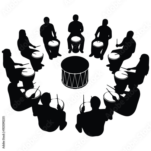 Drummers playing together in a circle with energy