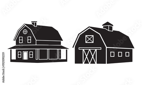 Two traditional rural houses with gabled roofs and chimneys