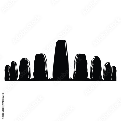 Monolithic stone circle formation in black silhouette