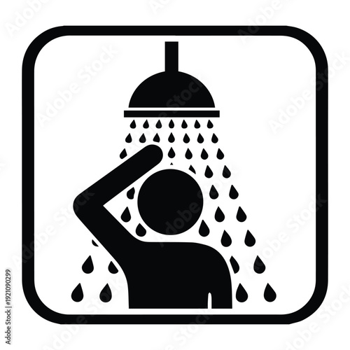 Person taking a shower under a shower head bath icon Silhouette vector black on a white background
