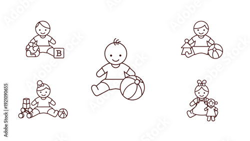 baby playing with toys line art illustration of happy toddlers with blocks balls and dolls great for early childhood content.
