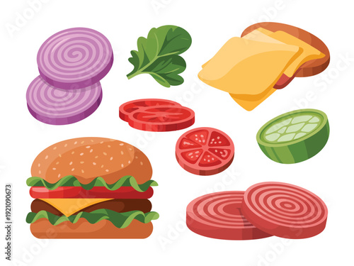 A colorful illustration of a burger and its various ingredients arranged around it.