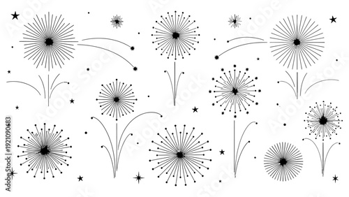 abstract fireworks illustration with exploding starbursts and sparkling graphic elements on a clean white background ideal for festive design.