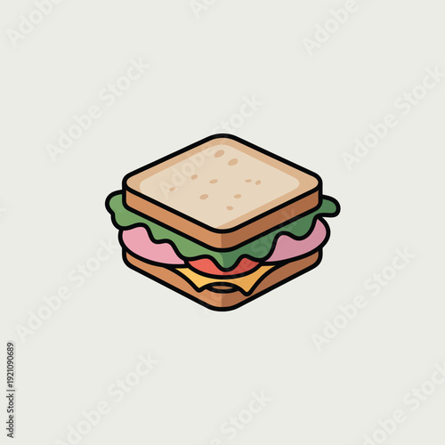 A simple cartoon sandwich with various fillings between two slices of bread.