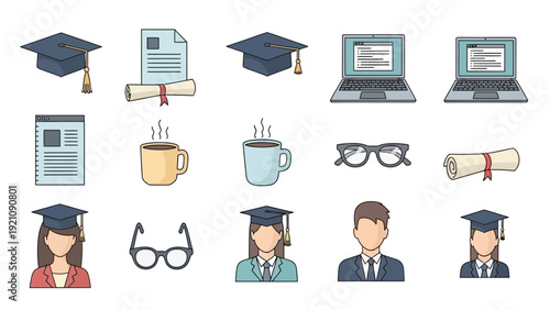 academic education and online learning icons featuring students graduation caps laptops diplomas coffee and glasses