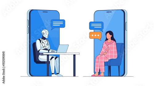 ai doctor provides virtual medical consultation to a female patient on a mobile app illustrating remote healthcare and digital health innovation.