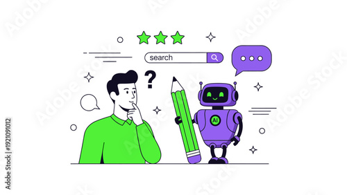 ai writing assistant robot holding a large pencil helps a thoughtful man with a question near a search bar and rating stars illustrating smart content creation and digital solutions.