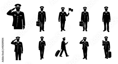 airline pilot silhouettes in uniform saluting traveling with luggage and working depicting global aviation careers and transportation.