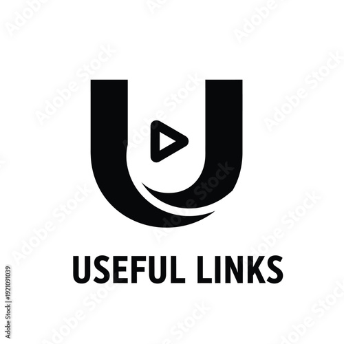 Vector illustration icon useful links black logo with play button inside the letter u on a isolated
