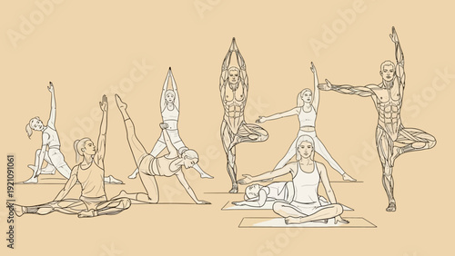 anatomical yoga figures demonstrating diverse poses highlighting muscle structure flexibility and physical benefits for fitness education.