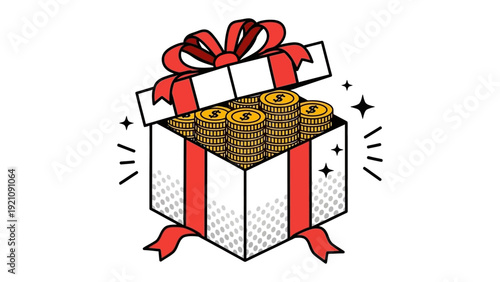 an open gift box full of sparkling gold dollar coins with a red ribbon symbolizing financial reward bonus and wealth management.