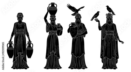 ancient greek goddesses and mythological female figures carrying amphorae and attended by sacred birds evoking classical art and mythology.