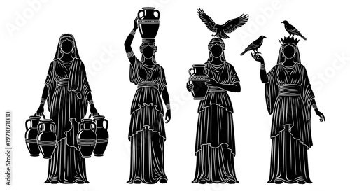 ancient greek women in classical silhouette art as water carriers and mythological figures representing ancient culture and history.