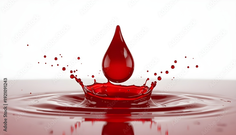 Obraz premium A single red waterdrop creates ripples in a pool of liquid on a white background