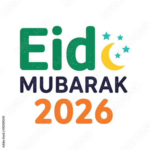 Eid Mubarak 2026 vector clipart with crescent moon and stars for Islamic holiday greetings