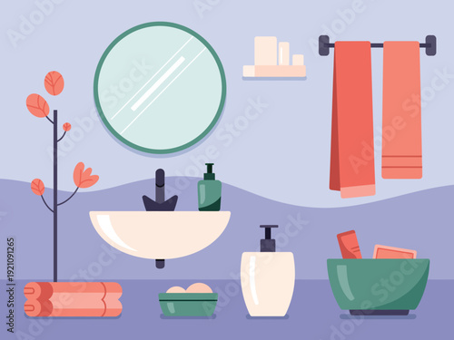 A modern bathroom setup with various toiletries and decorative elements.