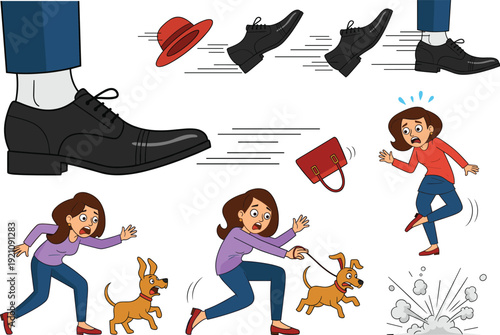 Conceptual Vector Set Featuring Giant Foot Stepping Down on Scared People and Pets Representing Pressure Stress Deadlines and Panic for Business Designs